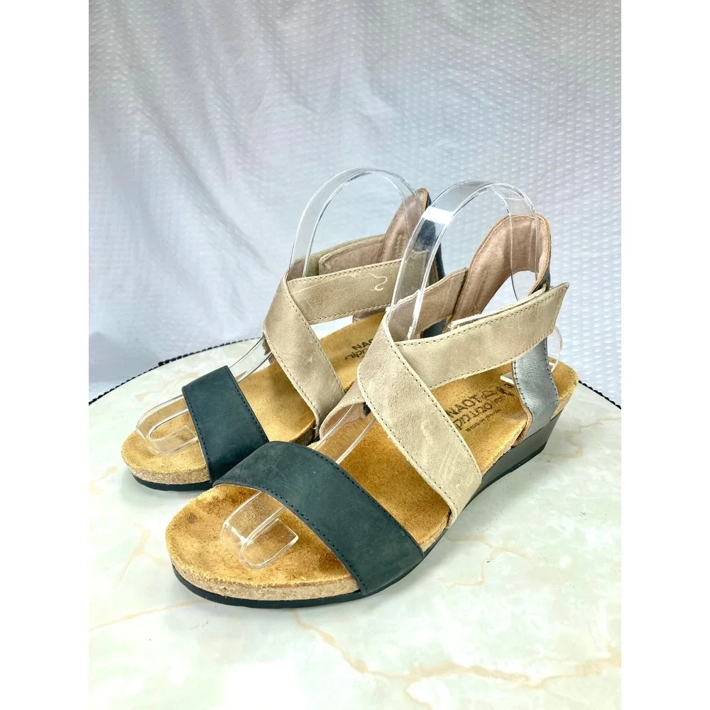 Naot Vixen Leather Crisscross Wedge Sandals Womens 6.5 Oily Coal Beige Comfort